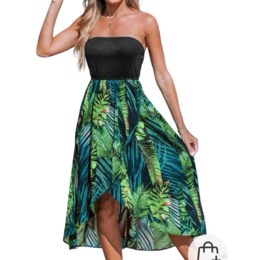 Cupshe Black & Tropical Leaf Colorblock Midi Tube Dress Cover-up Size L